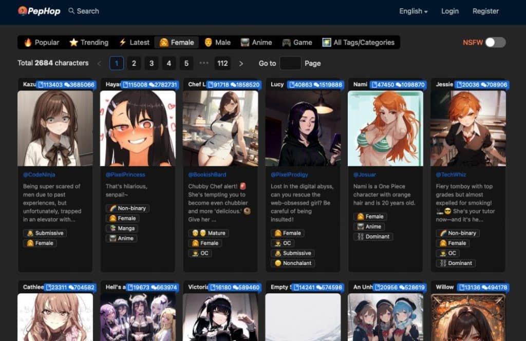 PepHop AI bietet eine riesige Datenbank an NSFW Charakteren, mit denen du direkt erotisch chatten kannst