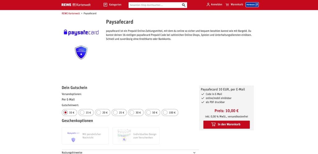 Die Rewe Kartenwelt bietet dir PaySafeCards mit unterschiedlichen Guthaben an - direkt in dein E-Mail Postfach