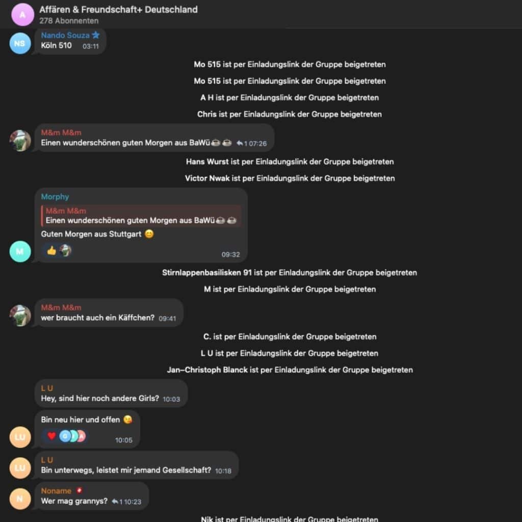 Screenshot der Sexchat Telegram Gruppe "Affären & Freundschaft+ Deutschland"