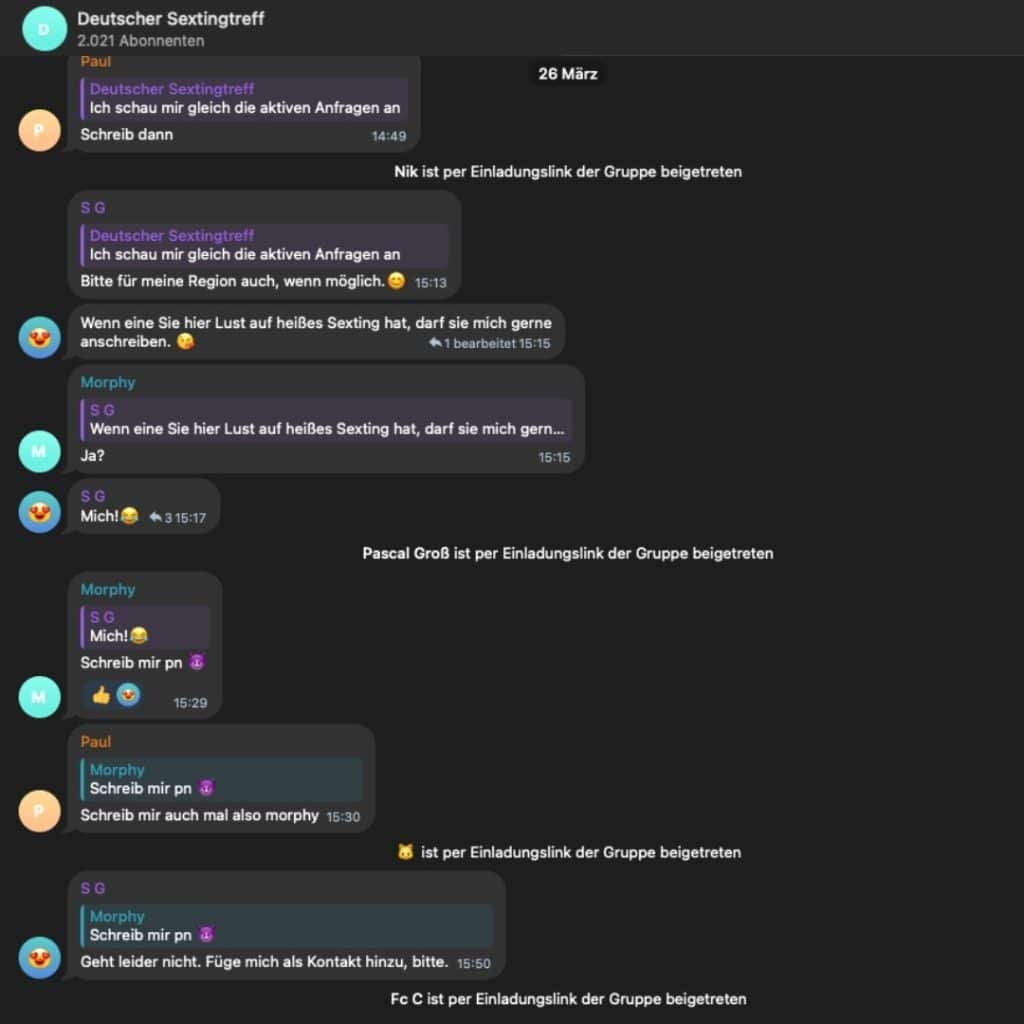 Der Screenshot vom deutschen Sextingtreff auf Telegram zeigt die Aktivität der Gruppe