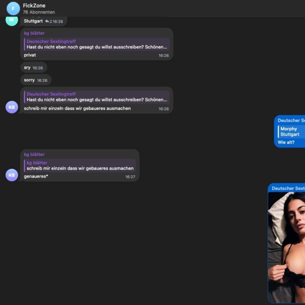 Screenshot mit Nudes und aktiven Chats in der Telegram Sexchat Gruppe "Fickzone"