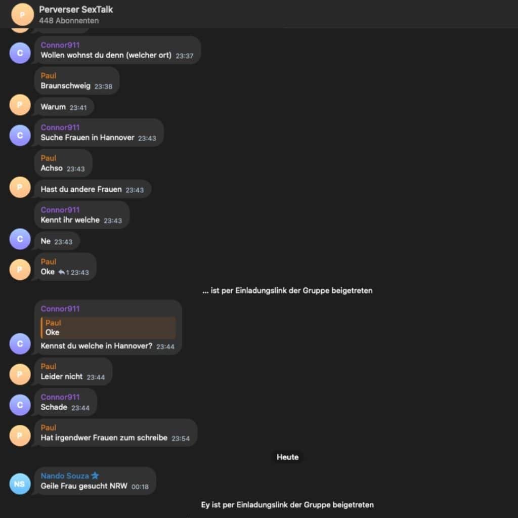 Screenshot von der Telegram Sexchat Gruppe "Perverser Sextalk"