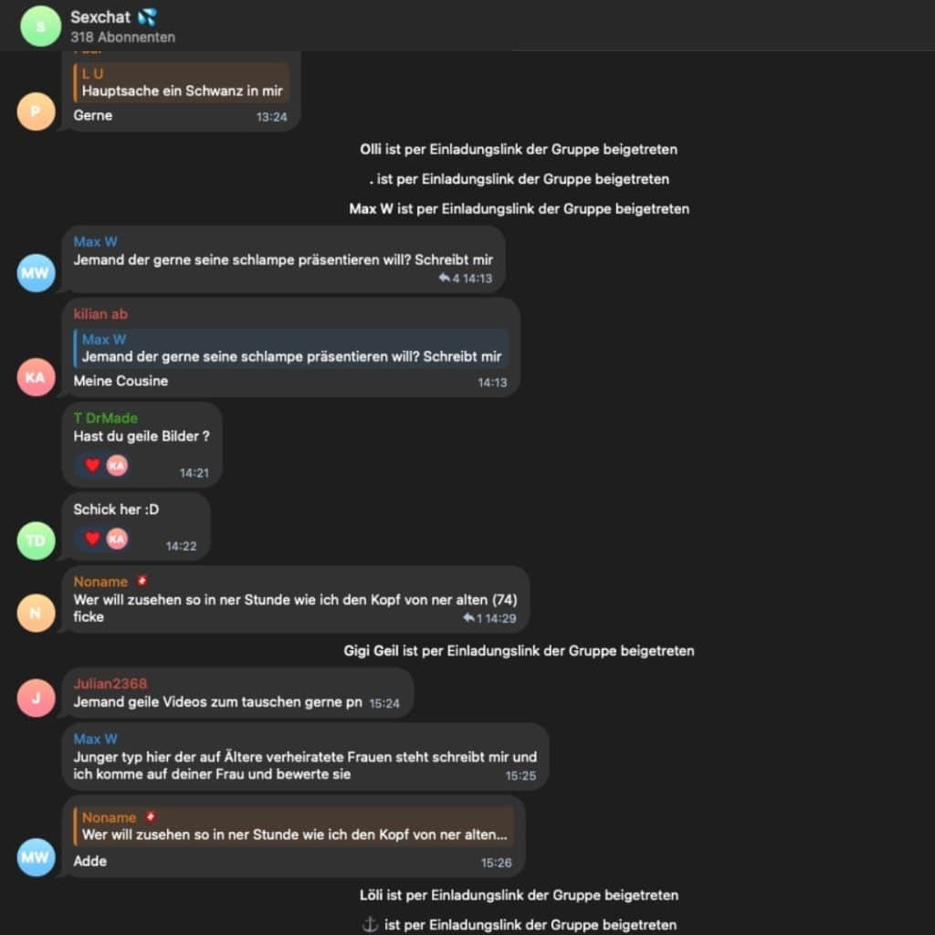 Screenshot mit Aktivität in der deutschen Telegram Sexchat Gruppe