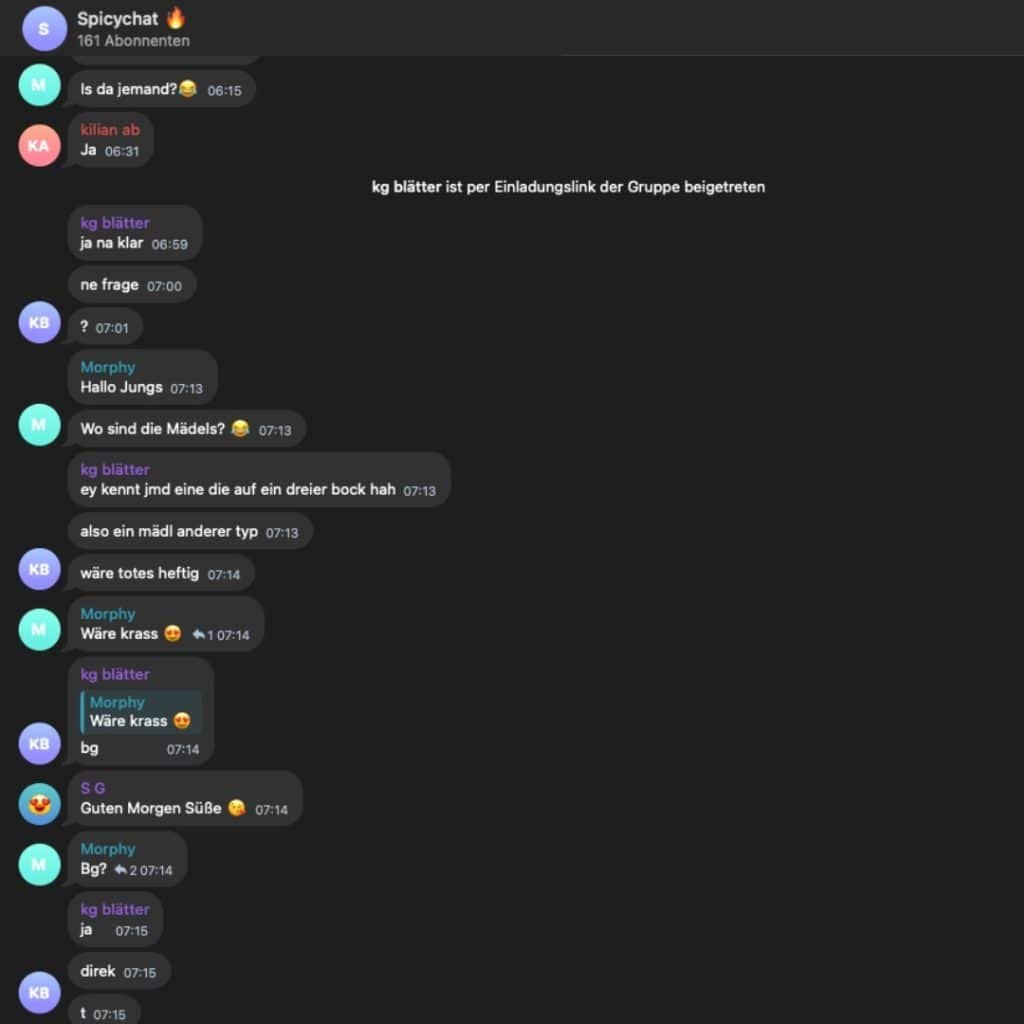 Screenshot mit aktiven Mitgliedern der Telegram Gruppe "SpicyChat"