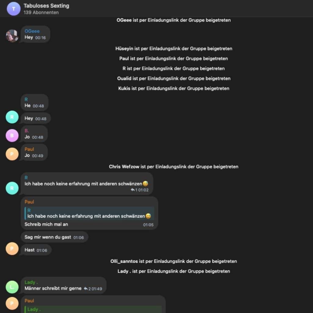 Aktive Chatter in der Telegram Gruppe "Tabuloses Sexting"