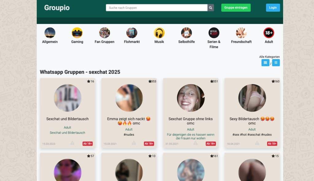 Mit der Plattform Groupio findest du erotische Gruppen auf WhatsApp, unter anderem zum tauschen von Nudes oder auch für versaute Sexchats