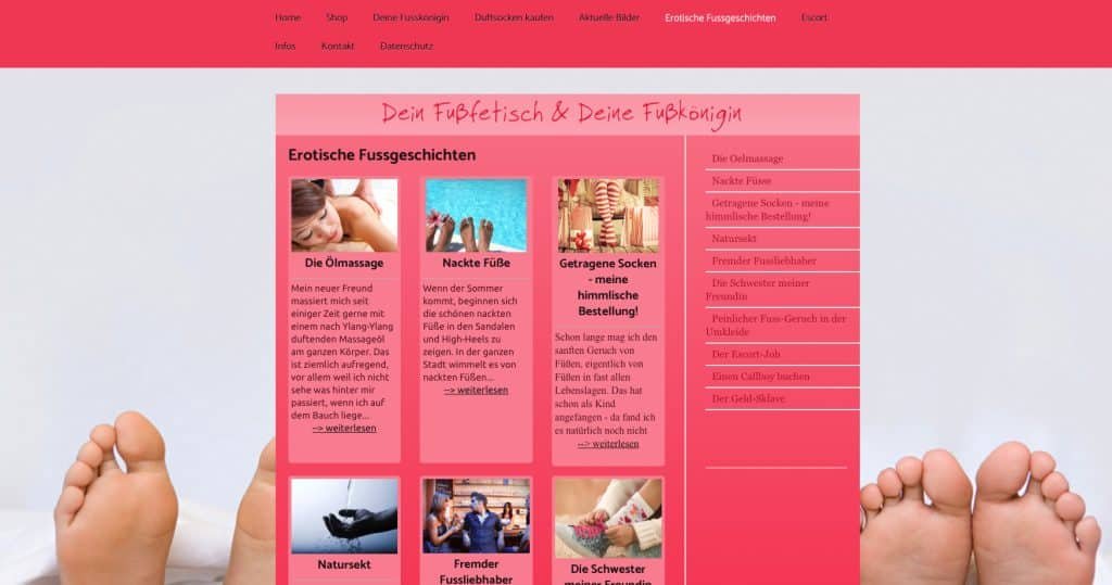 Natürlich hat eine Fußfetisch Seite wie "Dein-Fussfetisch.de" auch kostenlose Fussfetisch Erotikgeschichten im Angebot. Und das umsonst!