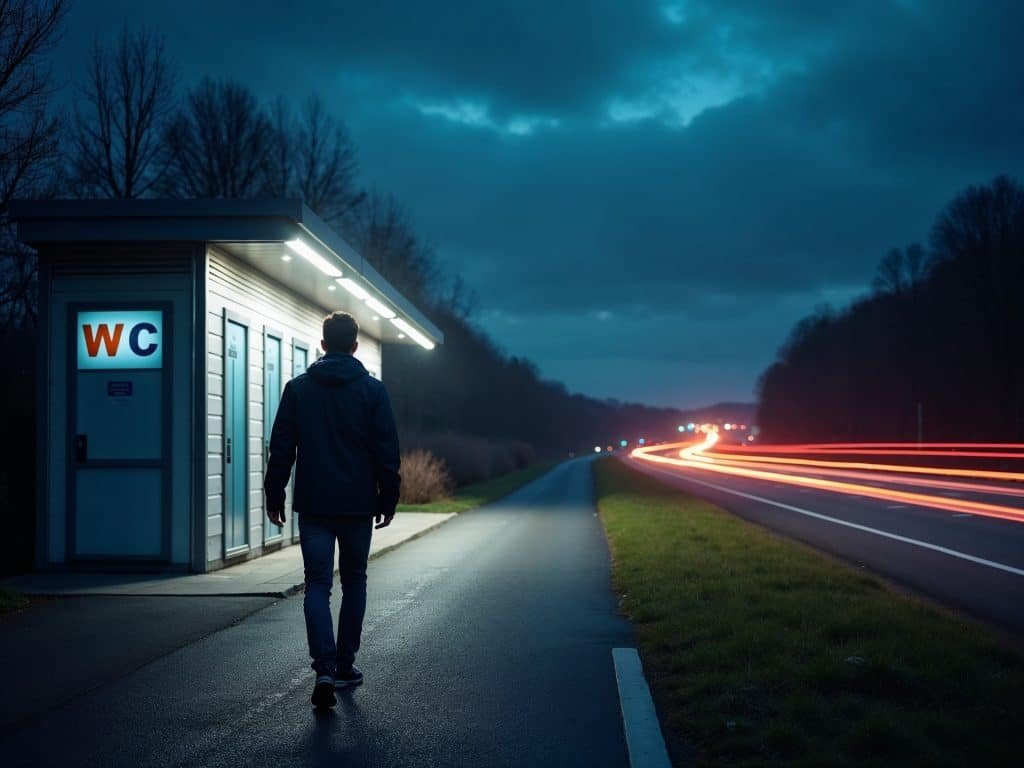 Männer die vor dem WC flanieren, wollen auf dem Parkplatz wichsen
